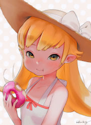 Rule 34 | 1girl, :t, artist name, bad id, bad tumblr id, bare shoulders, blonde hair, blush, bow, brown eyes, closed mouth, collarbone, doughnut, dress, eating, food, food on face, hat, hat bow, hat ornament, hideousbeing, holding, holding food, icing, long hair, looking at viewer, monogatari (series), oshino shinobu, pointy ears, red bow, sleeveless, sleeveless dress, solo, sprinkles, straw hat, sun hat, sundress, sweets, upper body, white bow, white dress