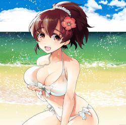 Rule 34 | 10s, 1girl, bad id, bad twitter id, beach, bikini, breast hold, breasts, brown eyes, brown hair, cleavage, cloud, cloudy sky, commentary request, day, front-tie bikini top, front-tie top, girls und panzer, hair ornament, hair ribbon, hair scrunchie, koyama yuzu, large breasts, looking at viewer, nakasone haiji, open mouth, outdoors, ribbon, scrunchie, short hair, short ponytail, side-tie bikini bottom, sitting, sky, smile, solo, swimsuit, water drop, wet, white scrunchie