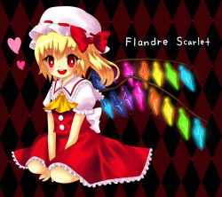 Rule 34 | 1girl, argyle, argyle background, argyle clothes, bad id, bad pixiv id, blonde hair, blush, character name, dress, female focus, flandre scarlet, hat, heart, kneeling, rainbow order, red dress, red eyes, ribbon, short hair, solo, touhou, wings