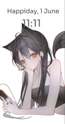 Rule 34 | 0 (znanimo), 1girl, ahoge, alternate costume, animal ear piercing, animal ears, arched back, arknights, arm rest, arm support, audio cable, bare arms, bare shoulders, black hair, black shirt, breasts, cable, cellphone, closed mouth, collarbone, commentary, crop top, cropped shirt, double-parted bangs, earbuds, earphones, english text, expressionless, extra ears, from side, hair between eyes, hair spread out, halterneck, hand on own cheek, hand on own face, hand up, head rest, highres, holding, holding phone, invisible floor, jewelry, listening, long hair, looking at viewer, lying, midriff peek, multiple rings, on stomach, orange eyes, pale skin, parted bangs, phone, piercing, ring, shade, shadow, shirt, sideways glance, simple background, sleeveless, sleeveless shirt, small breasts, smartphone, solo, straight hair, symbol-only commentary, tail, texas (arknights), timestamp, upper body, very long hair, white background, wolf ears, wolf tail