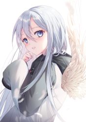 Rule 34 | 1girl, blue eyes, blush, commentary request, drawstring, feathered wings, from side, hair between eyes, hands up, head tilt, highres, hood, hood down, hoodie, long sleeves, looking at viewer, looking to the side, paraffin, parted lips, project sekai, silver hair, simple background, sleeves past fingers, sleeves past wrists, solo, upper body, white background, white hoodie, white wings, wings, yoisaki kanade