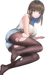Rule 34 | 1girl, ass, bare arms, black pantyhose, blue shorts, breasts, brown hair, closed mouth, cutoffs, denim, denim shorts, eyebrows, feet, frown, full body, hair between eyes, highres, hinako (anzu15), large breasts, long hair, lying, on side, original, pantyhose, pantyhose under shorts, purple eyes, shirt, short shorts, short sleeves, shorts, simple background, solo, straight hair, t-shirt, torn clothes, torn pantyhose, white background, white shirt