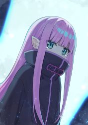 1girl black_jacket blurry blurry_background commentary_request covering_own_mouth depth_of_field green_eyes high_collar jacket long_hair looking_at_viewer pink_hair pointy_ears re:zero_kara_hajimeru_isekai_seikatsu ryuzu_meyer sidelocks solo syhan very_long_hair