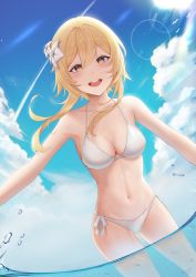Rule 34 | 1girl, absurdres, bare arms, bare shoulders, bikini, bird, blonde hair, blue sky, blush, breasts, bubble, chiisa970, cleavage, cloud, cloudy sky, day, flower, genshin impact, groin, hair flower, hair ornament, halterneck, highres, leaning forward, looking at viewer, lumine (genshin impact), medium breasts, navel, ocean, open mouth, outdoors, partially submerged, short hair with long locks, side-tie bikini bottom, sky, smile, solo, standing, stomach, swimsuit, teeth, wading, water, white bikini