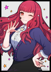Rule 34 | 1girl, buttons, casual, collared shirt, dfhnokenbutu, facial mark, fire emblem, fire emblem engage, hair ornament, highres, long hair, looking at viewer, nintendo, official alternate costume, one eye closed, red eyes, red hair, shirt, sidelocks, smile, solo, star (symbol), star facial mark, star hair ornament, sweater, very long hair, wavy hair, white shirt, white wrist cuffs, wrist cuffs, yunaka (fire emblem)