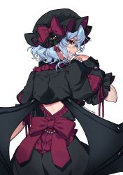 Rule 34 | 1girl, absurdres, alternate costume, back bow, bat wings, black hat, black shirt, black skirt, black wings, blue hair, bow, frilled bow, frilled sleeves, frills, from behind, hat, hat bow, highres, himadera, looking at viewer, looking back, mob cap, puffy short sleeves, puffy sleeves, purple bow, purple ribbon, red eyes, remilia scarlet, ribbon, sharp teeth, shirt, short hair, short sleeves, simple background, skirt, sleeve ribbon, solo, teeth, touhou, white background, wings