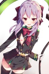 Rule 34 | 1girl, :d, belt, belt buckle, black jacket, black skirt, black thighhighs, blush, bow, breasts, brown eyes, buckle, commentary request, dutch angle, gloves, gradient background, grey background, hair between eyes, hair bow, highres, hiiragi shinoa, holding, holding scythe, jacket, long hair, long sleeves, looking at viewer, nipple slip, nipples, open mouth, owari no seraph, pleated skirt, purple hair, red bow, scythe, skirt, small breasts, smile, solo, thighhighs, unacchi (nyusankin), white background, white belt, white gloves