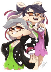 Rule 34 | + +, 2girls, alternate hairstyle, artist name, black hair, black jacket, breasts, brown eyes, callie (splatoon), choker, company connection, cosplay, cousins, creatures (company), dress, earrings, fangs, game freak, gradient hair, green dress, green hair, grey hair, grin, hair ribbon, hand on own hip, highres, holding, holding poke ball, inkling, isamu-ki (yuuki), jacket, jewelry, long hair, long sleeves, looking at viewer, marie (splatoon), marnie (pokemon), marnie (pokemon) (cosplay), medium breasts, medium hair, mole, mole under eye, multicolored hair, multiple girls, nintendo, open clothes, open jacket, open mouth, pendant, pink dress, pink hair, pointy ears, poke ball, poke ball (basic), pokemon, pokemon swsh, red ribbon, ribbon, sharp teeth, short dress, signature, simple background, smile, splatoon (series), splatoon 2, standing, teeth, tentacle hair, twintails, undercut, white background