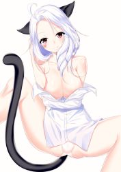 Rule 34 | 1girl, adjusting hair, animal ears, bad id, bad pixiv id, blouse, blush, braid, breasts, cat ears, cat girl, cat tail, collared shirt, dress shirt, fang, fang out, female focus, hair intakes, heart, large breasts, looking at viewer, naked shirt, no bra, off shoulder, open clothes, open shirt, original, panties, red eyes, seo, shirt, simple background, solo, spread legs, tail, underwear, white background, white hair, white panties, white shirt