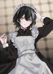 Rule 34 | 1girl, absurdres, apron, black choker, black dress, black nails, choker, collared dress, dress, earrings, frilled apron, frilled headwear, frills, grid background, hair between eyes, hand on own head, hand up, highres, jewelry, long sleeves, looking at viewer, lying, maid, maid apron, maid headdress, nail polish, o-ring, o-ring choker, on back, on floor, original, solo, tile floor, tiles, white apron, yellow eyes, zohyo