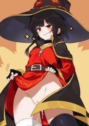Rule 34 | 10s, 1girl, aftersex, black hair, blush, cape, clothes lift, cum, dress, dress lift, fingerless gloves, gloves, hat, highres, kono subarashii sekai ni shukufuku wo!, looking at viewer, megumin, mishima kurone, nude filter, open mouth, pussy, red eyes, short hair, skirt, skirt lift, smile, solo, standing, thighhighs, third-party edit, underwear, witch hat