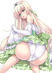 Rule 34 | 1girl, ass, back, bare legs, blonde hair, blue eyes, blush, bow, butt crack, crotch seam, dress, elbow gloves, elf, floral print, frills, from behind, from below, gloves, green bow, hair ornament, highres, kneeling, lifting own clothes, long hair, looking at viewer, looking back, minamon (vittel221), official art, original, panties, pointy ears, print panties, rose print, simple background, sleeveless, sleeveless dress, solo, tiara, underwear, upskirt, very long hair, white background, white dress, white gloves, white panties