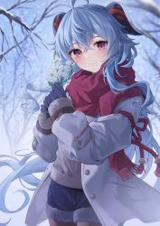 Rule 34 | 1girl, ahoge, alternate costume, bare tree, black gloves, black shorts, blue flower, blue hair, blue sky, blush, bow, branch, brown pantyhose, brown shirt, buttons, closed mouth, coat, commentary request, crossed bangs, flower, ganyu (genshin impact), genshin impact, gloves, goat horns, grey coat, hair between eyes, hands up, highres, holding, holding flower, horns, long hair, long sleeves, looking to the side, open clothes, open coat, pantyhose, ponytail, puffy long sleeves, puffy sleeves, purple eyes, red bow, red scarf, scarf, shirt, shorts, sidelocks, sky, smile, snow, snowing, solo, standing, sukuemon, tree, winter, winter clothes