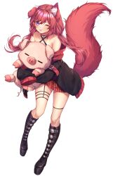 Rule 34 | 1girl, ;p, absurdres, animal ears, black footwear, black jacket, boots, character request, commission, copyright request, dog ears, dog girl, dog tail, fishnet thighhighs, fishnets, full body, highres, hugging doll, hugging object, jacket, long hair, long sleeves, looking at viewer, off-shoulder jacket, off shoulder, one eye closed, purple eyes, red hair, simple background, single thighhigh, sleeves past fingers, sleeves past wrists, stuffed animal, stuffed pig, stuffed toy, tail, thighhighs, tongue, tongue out, tsukichan (maynyan23), unaligned ears, virtual youtuber, white background