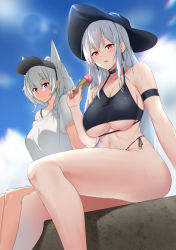 Rule 34 | 2girls, animal ears, arknights, arm strap, bare legs, bare shoulders, bikini, black bikini, black headwear, black ribbon, blue sky, blush, breasts, chinese commentary, closed mouth, cloud, collarbone, commentary request, day, earrings, extra ears, feet out of frame, food, grani (arknights), high ponytail, highres, holding, holding food, horse ears, ice cream cone, jewelry, large breasts, lens flare, long hair, multiple girls, navel, off shoulder, open mouth, outdoors, ponytail, purple eyes, red eyes, revision, ribbon, side-tie bikini bottom, silver hair, single bare shoulder, skadi (arknights), sky, smile, sunlight, swimsuit, thighs, underboob, very long hair, visor cap, xllam