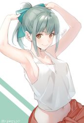 Rule 34 | 1girl, armpits, arms up, bare arms, bare shoulders, bow, breasts, brown eyes, commentary request, crop top, green hair, hair bow, kantai collection, long hair, looking at viewer, medium breasts, midriff, navel, ponytail, shirt, sidelocks, signature, sleeveless, sleeveless shirt, smile, solo, tokki, upper body, white shirt, yuubari (kancolle)