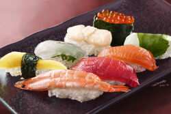Rule 34 | absurdres, dated, fish (food), food, food focus, highres, ikura (food), leaf, no humans, original, plate, rice, sashimi, signature, still life, sushi, tainosuke