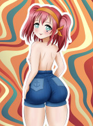 Rule 34 | 1girl, absurdres, ass, bare shoulders, blush, breasts, come hither, danzfloor, denim, denim shorts, from behind, green eyes, hair ribbon, hairband, highres, huge ass, kurosawa ruby, long hair, looking at viewer, looking back, love live!, love live! sunshine!!, naughty face, nipples, red hair, ribbon, shiny skin, short shorts, shorts, sideboob, small breasts, smile, solo, tongue, tongue out, topless, twintails