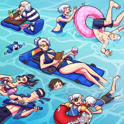 Rule 34 | 3boys, 6+girls, alternate costume, barefoot, bathing, belladonna (persona), bikini, black hair, black male swimwear, black swim trunks, blindfold, blue male swimwear, bodysuit, braid, brown hair, blowing bubbles, caroline (persona 5), collarbone, commentary, crossed legs, cup, diving suit, double bun, drink, drinking glass, drinking straw, elizabeth (persona), english commentary, eyepatch, eyeshadow, feet, grin, hair bun, highres, igor (persona), inflatable armbands, innertube, instrument, jack frost (megami tensei), justine (persona 5), keytar, makeup, male swimwear, margaret (persona), marie (persona 4), multicolored clothes, multicolored hair, multicolored male swimwear, multicolored swimsuit, multiple boys, multiple girls, music, nameless (persona), old-fashioned swimsuit, one-piece swimsuit, partially submerged, persona, persona 1, persona 2, persona 3, persona 4, persona 5, playing instrument, reading, red innertube, retrokinetics, second-party source, shin megami tensei, siblings, singing, smile, soles, streaked hair, striped, striped male swimwear, sunglasses, swim ring, swim trunks, swimming, swimsuit, teeth, theodore (persona), toes, upper teeth only, wetsuit, white hair, white male swimwear, wine glass