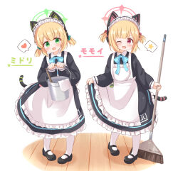 Rule 34 | 2girls, ;d, animal ear headphones, animal ears, apron, araki495, black dress, black footwear, blonde hair, blue archive, blue bow, blush, bow, broom, bucket, character name, cloth, commentary request, dress, fake animal ears, frilled apron, frills, green bow, green eyes, hair bow, halo, headphones, heart, highres, holding, holding broom, holding bucket, holding rag, long sleeves, looking at viewer, maid, maid apron, maid headdress, mary janes, midori (blue archive), midori (maid) (blue archive), momoi (blue archive), momoi (maid) (blue archive), multiple girls, one eye closed, open mouth, pantyhose, puffy long sleeves, puffy sleeves, rag, red bow, red eyes, shoes, siblings, simple background, sisters, smile, spoken heart, spoken star, standing, star (symbol), translated, twins, two side up, v-shaped eyebrows, white apron, white background, white pantyhose, wooden floor