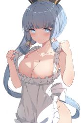 Rule 34 | 1girl, absurdres, alternate costume, apron, apron pull, ayaka (genshin impact), bare arms, blue eyes, blue hair, blush, breasts, cleavage, closed mouth, clothes pull, collarbone, frilled apron, frills, genshin impact, hair ornament, hair ribbon, hands up, highres, large breasts, light blue hair, long hair, looking at viewer, naked apron, ponytail, raised eyebrows, ribbon, runep, sidelocks, simple background, solo, tress ribbon, very long hair, white apron, white background, white hair