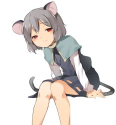 Rule 34 | 1girl, animal ears, bad id, bad twitter id, bare legs, black skirt, capelet, closed mouth, artistic error, grey hair, hasebe yuusaku, leaning forward, long sleeves, looking at viewer, miniskirt, mouse ears, mouse tail, nazrin, red eyes, short hair, simple background, sitting, skirt, smile, solo, tail, touhou, white background