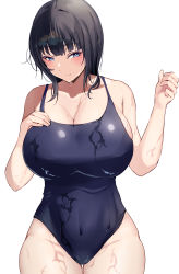 Rule 34 | 1girl, absurdres, asaka karin, bare shoulders, black hair, blue eyes, blunt bangs, blush, breasts, cleavage, closed mouth, covered navel, eyebrows hidden by hair, hands up, highres, large breasts, looking at viewer, love live!, love live! nijigasaki high school idol club, medium hair, mole, mole on collarbone, namazu (yamasonson), one-piece swimsuit, simple background, smile, solo, swimsuit, wet, white background