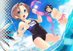 Rule 34 | 2girls, :o, bare shoulders, bikini, black hair, blue eyes, blush, breasts, brown hair, cloud, covering privates, covering breasts, dancho (dancyo), day, dutch angle, glasses, holding, large breasts, long hair, multiple girls, navel, one-piece swimsuit, original, outdoors, partially submerged, pink bikini, red eyes, school swimsuit, short hair, skull.03, sky, sun, swimsuit, topless, translation request, water