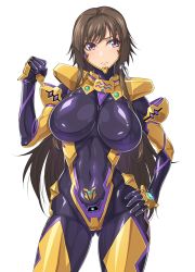 Rule 34 | 1girl, black bodysuit, bodysuit, breasts, brown hair, covered navel, fortified suit, gluteal fold, hand on own hip, highres, impossible bodysuit, impossible clothes, large breasts, long hair, looking at viewer, muv-luv, muv-luv alternative, muv-luv total eclipse, ozaneko, pilot suit, purple eyes, shiny clothes, simple background, skin tight, solo, standing, takamura yui, white background