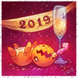 Rule 34 | 2019, alcohol, banner, border, calonarang, champagne, champagne flute, commentary, confetti, creature, creatures (company), cup, drink, drinking glass, english commentary, full body, game freak, gen 3 pokemon, lying, motion lines, mouth hold, new year, nintendo, no humans, on back, party horn, pink background, pokemon, pokemon (creature), signature, simple background, solo, trapinch, upside-down, white border