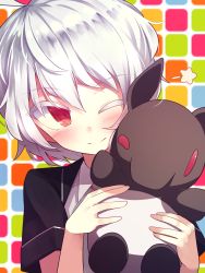 Rule 34 | 1girl, absurdres, bad hands, black jacket, blush, closed mouth, collared shirt, damao (kiwa777), grey hair, hands up, highres, holding, jacket, looking at viewer, multicolored background, one eye closed, original, red eyes, shirt, short hair, short sleeves, smile, solo, split mouth, star (symbol), straight-on, tapir, grid background, tsurime, upper body, white shirt