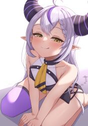 Rule 34 | 1girl, absurdres, ahoge, bare shoulders, blush, braid, braided bangs, collarbone, demon girl, demon horns, grey hair, hair between eyes, hashira 14, highres, hololive, horns, la+ darknesss, licking lips, long hair, looking at viewer, multicolored hair, neckerchief, pointy ears, purple hair, seiza, single thighhigh, sitting, smile, solo, streaked hair, striped horns, thighhighs, tongue, tongue out, very long hair, virtual youtuber, white background, yellow eyes, yellow neckerchief