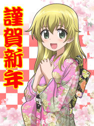 Rule 34 | 1girl, :d, blonde hair, carpaccio (girls und panzer), checkered background, cherry blossoms, closed mouth, commentary, floral background, floral print, furisode, girls und panzer, green eyes, hands on own chest, hanzou, highres, japanese clothes, kimono, long hair, looking at viewer, obi, open mouth, own hands together, pink kimono, print kimono, sash, smile, solo, standing
