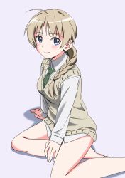 Rule 34 | 1girl, ahoge, bad id, bad twitter id, blue background, blue eyes, braid, braided ponytail, brown sweater, closed mouth, commentary, dress shirt, green necktie, hair over shoulder, hair tie, highres, light blush, light brown hair, long hair, long sleeves, looking at viewer, lynette bishop, necktie, no pants, shadow, shirt, simple background, single braid, sitting, smile, solo, strike witches, sweater, sweater vest, tomitsuka, white shirt, wing collar, world witches series, yokozuwari