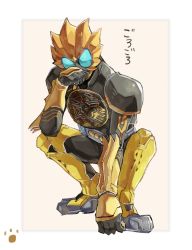 Rule 34 | 1boy, armor, armored boots, belt, black bodysuit, black gloves, blank eyes, blue eyes, bodysuit, boots, border, chikichi, full body, gloves, grey footwear, hand up, japanese text, kamen rider, kamen rider ooo, kamen rider ooo (series), knee pads, male focus, outside border, paw print, pink background, ratoratah (ooo combo), shoulder armor, simple background, solo, spread legs, squatting, translated, vambraces, white border