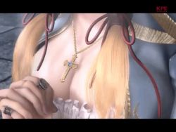 Rule 34 | 1girl, 3d, animated, animated gif, blonde hair, breasts, castlevania (series), cleavage, company name, cross, closed eyes, female focus, hair ribbon, hood, jewelry, large breasts, long hair, magic, pachislot akumajou dracula, ponytail, praying, ribbon, ring, robe, solo, sypha belnades, twintails
