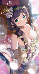Rule 34 | 1girl, alternate hairstyle, bird, bird on hand, bloomers, blush, braid, braided ponytail, breasts, bubble, cleavage, collarbone, crown, dated, flower, frilled shirt, frills, green eyes, hair flower, hair ornament, hair over shoulder, head wreath, kazepana, large breasts, lily (flower), long hair, long sleeves, looking to the side, love live!, love live! school idol project, mini crown, off-shoulder shirt, off shoulder, outdoors, petals, plant, purple hair, purple thighhighs, shirt, signature, sitting in window, smile, solo, sparkle, thighhighs, tojo nozomi, underwear, vines, white bloomers, white flower, window, yellow shirt