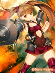 Rule 34 | 1girl, ahoge, breasts, brown hair, cleavage, covered navel, floating hair, gluteal fold, hair ornament, long hair, looking at viewer, mecha musume, orange eyes, red thighhighs, sleeveless, small breasts, smile, solo, standing, thighhighs, twintails, very long hair, weapon girls, yangsion