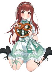 Rule 34 | 1girl, black footwear, black vest, blush, boots, breasts, brooch, brown eyes, brown hair, chobi (penguin paradise), closed mouth, commentary request, cross-laced footwear, dirndl, flower, food, frilled skirt, frills, german clothes, green skirt, highres, holding, holding food, idolmaster, idolmaster million live!, jewelry, lace-up boots, long hair, medium breasts, pretzel, puffy short sleeves, puffy sleeves, shirt, short sleeves, simple background, sitting, skirt, solo, tanaka kotoha, very long hair, vest, wariza, white background, white flower, white shirt, wrist cuffs