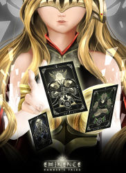 Rule 34 | 1girl, armor, bare shoulders, blonde hair, card, character name, commentary, copyright name, eminence: xander&#039;s tales, helmet, highres, infinite-z, lips, long hair, parted lips, playing card, sanaya (infinite-z), solo