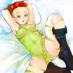 Rule 34 | 1990s (style), 1girl, armpits, arms behind head, arms up, bed, beret, blonde hair, blue eyes, boots, braid, breasts, cammy white, capcom, covered erect nipples, hat, kazaana, leotard, long hair, lying, on back, pillow, single braid, solo, street fighter, street fighter ii (series)