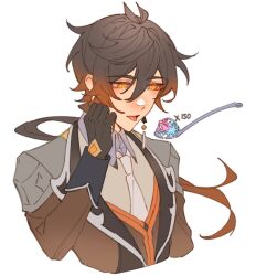 Rule 34 | 1boy, earrings, feeding, genshin impact, highres, intertwined fate, jewelry, male focus, open mouth, ppttlyr, single earring, solo, spoon, tongue, tongue out, white background, zhongli (genshin impact)