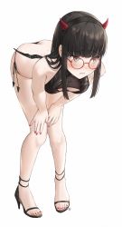 Rule 34 | 1girl, bare arms, bare legs, bare shoulders, bent over, bikini, black bikini, black footwear, black hair, breasts, butt crack, cleavage cutout, closed mouth, clothing cutout, commission, envyvanity, fake horns, frown, full body, glasses, hairband, high heels, highres, horns, long hair, looking away, medium breasts, mini wings, mole, mole under mouth, nail polish, original, red-framed eyewear, round eyewear, side-tie bikini bottom, simple background, solo, standing, string bikini, swimsuit, wavy mouth, white background, wings