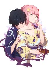Rule 34 | 10s, 1boy, 1girl, alternate costume, black hair, blue kimono, box, box of chocolates, breasts, chenaze57, chinese commentary, chocolate, cleavage, closed eyes, collarbone, commentary request, couple, darling in the franxx, finger to mouth, flower, food, green eyes, hair flower, hair ornament, hand on another&#039;s arm, hand on another&#039;s hip, hand up, hetero, high ponytail, highres, hiro (darling in the franxx), holding, holding box, holding chocolate, holding food, horns, hug, hug from behind, japanese clothes, kimono, kimono pull, kiss, kissing shoulder, long hair, medium breasts, moaning, mouth on another&#039;s shoulder, obi, off shoulder, one eye closed, oni horns, pink hair, ponytail, purple kimono, purple sash, purple ribbon, red horns, ribbon, sash, short hair, tape, upper body, wide sleeves, wince, yellow flower, yellow kimono, yukata, zero two (darling in the franxx)