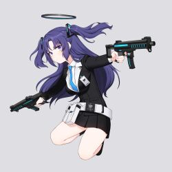 Rule 34 | 1girl, absurdres, artpatient, blazer, blue archive, blue halo, blue necktie, closed mouth, commentary, full body, grey background, gun, halo, highres, holding, holding gun, holding weapon, jacket, long hair, looking at viewer, necktie, purple eyes, purple hair, shirt, sig mpx, simple background, solo, submachine gun, thighs, weapon, white shirt, yuuka (blue archive)