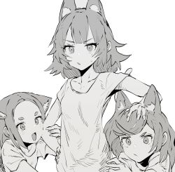 Rule 34 | 3girls, :d, animal ear fluff, animal ears, ddari, dog ears, fang, fingernails, greyscale, hand on another&#039;s head, hand on own hip, highres, looking at viewer, monochrome, multiple girls, open mouth, original, shirt, short sleeves, smile, triplets