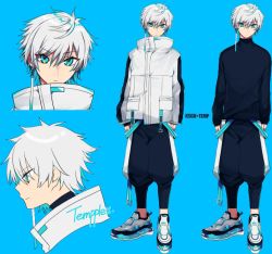 Rule 34 | 1boy, aqua eyes, belt, black pants, black sweater, blue background, blue belt, character name, character sheet, commentary, earrings, english commentary, jacket, jewelry, looking at viewer, looking down, male focus, multiple views, pants, reignite, shirasu uni, simple background, single earring, sweater, tempplex, v-shaped eyebrows, white hair, white jacket
