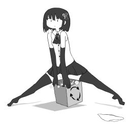 Rule 34 | 1girl, 98-tan, arrow (symbol), black thighhighs, convenient censoring, legs apart, monochrome, no panties, open mouth, os-tan, panties, unworn panties, peeing, recycle bin, recycling symbol, simple background, solo, thighhighs, underwear, white background