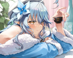 Rule 34 | 1girl, ahoge, bare shoulders, beret, blue coat, blue hair, blue nails, blush, bottle, braid, coat, commentary request, cup, elf, flower, fur-trimmed coat, fur trim, hair between eyes, hair flower, hair ornament, half updo, hat, heart, heart ahoge, highres, holding, holding cup, hololive, kito koruta, long hair, long sleeves, looking at viewer, multicolored hair, nail polish, off shoulder, parted lips, plant, pointy ears, signature, smile, snowflake print, solo, streaked hair, upper body, virtual youtuber, white flower, white hat, yellow eyes, yukihana lamy