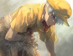Rule 34 | 1boy, bandages, bleeding, blood, blood on clothes, blue eyes, clenched teeth, cowboy shot, dr. stone, grey background, hat, looking away, male focus, saionji ukyou, shirt, short hair, short sleeves, solo, standing, teeth, white hair, yellow hat, yellow shirt, yu (zatta13chan)